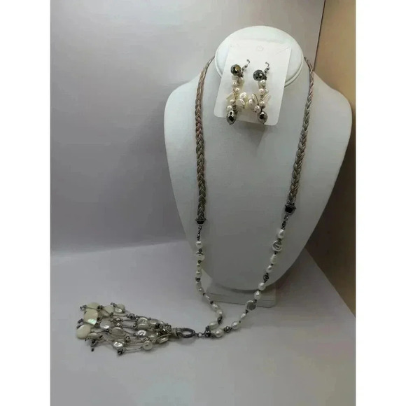 Chicos Pearl Necklace and Earrings Silvertone Braided Beige Cream Bohemian set - Picture 1 of 6